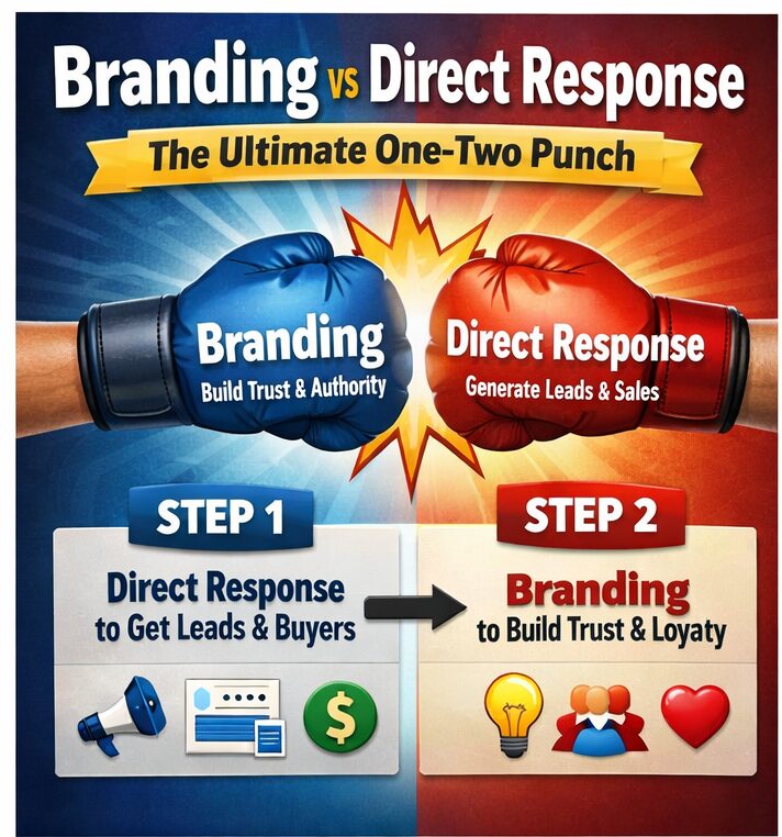 Infographic showing branding vs direct response marketing as boxing gloves colliding, illustrating the ultimate one-two punch strategy for building trust, generating leads, and increasing online sales.