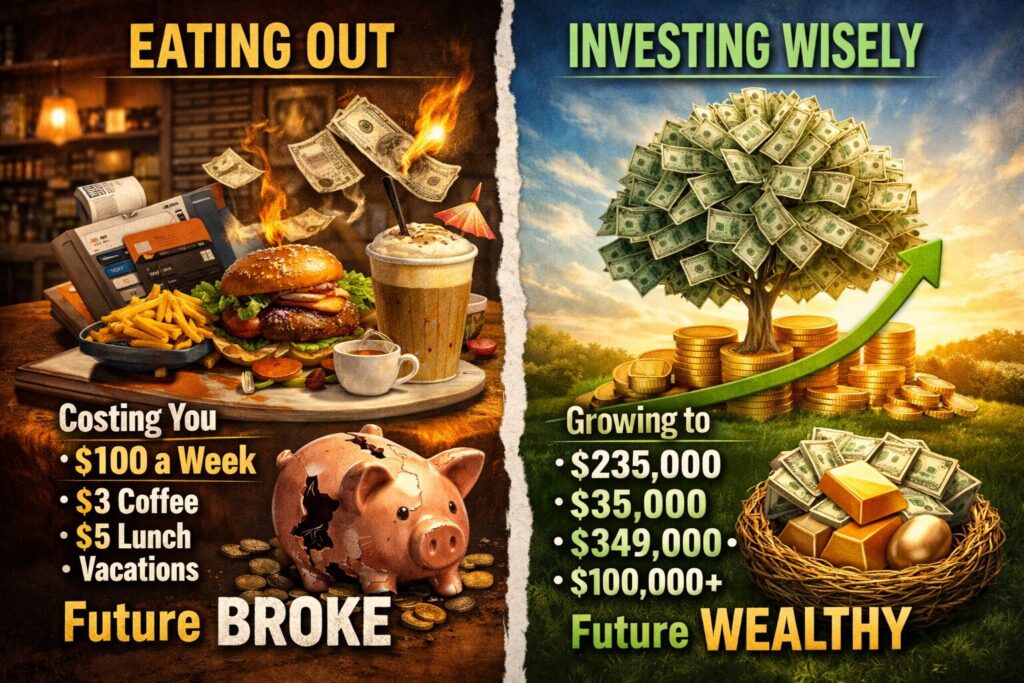 Split comparison image showing “Eating Out” with burger, fries, coffee, credit cards, and burning cash above a broken piggy bank labeled “Future Broke,” contrasted with “Investing Wisely” featuring a money tree made of dollar bills, gold bars, stacked coins, and an upward arrow labeled “Future Wealthy,” illustrating the long-term financial impact of small daily spending versus investing for retirement.